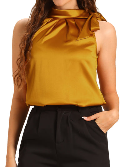 Elegant Satin Sleeveless Tie Knot Mock Neck Solid Work Blouse Top