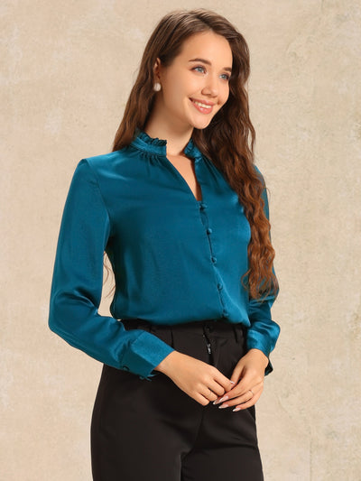 Ruffled Stand Collar Shirt Long Sleeve Button Elegant Satin Blouse