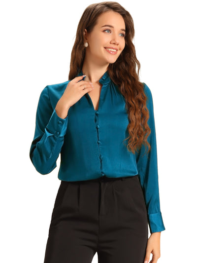 Ruffled Stand Collar Shirt Long Sleeve Button Elegant Satin Blouse