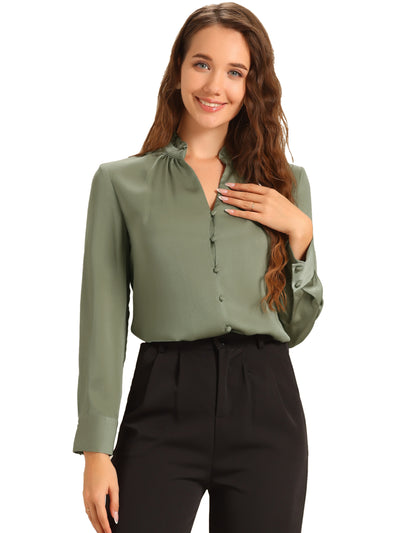 Ruffled Stand Collar Shirt Long Sleeve Button Elegant Satin Blouse