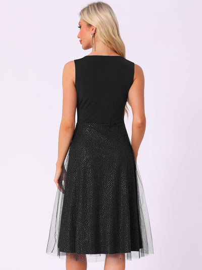 V Neck Sleeveless Glitter Midi A-Line Dress