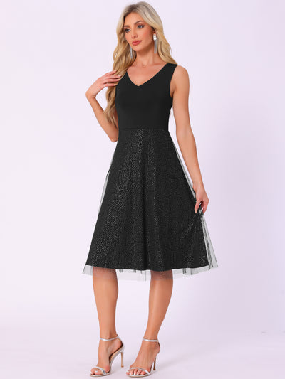 V Neck Sleeveless Glitter Midi A-Line Dress