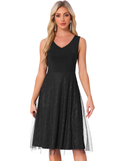 V Neck Sleeveless Glitter Midi A-Line Dress