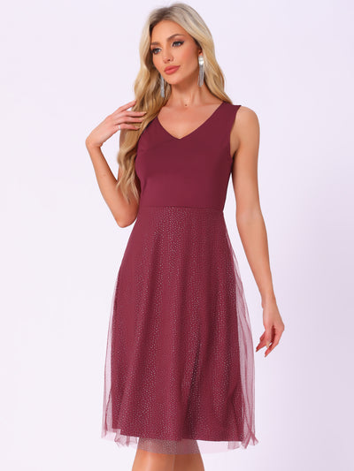 V Neck Sleeveless Glitter Midi A-Line Dress