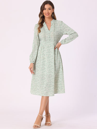 Floral Print Long Sleeve Spring Flowy Midi Boho Dress