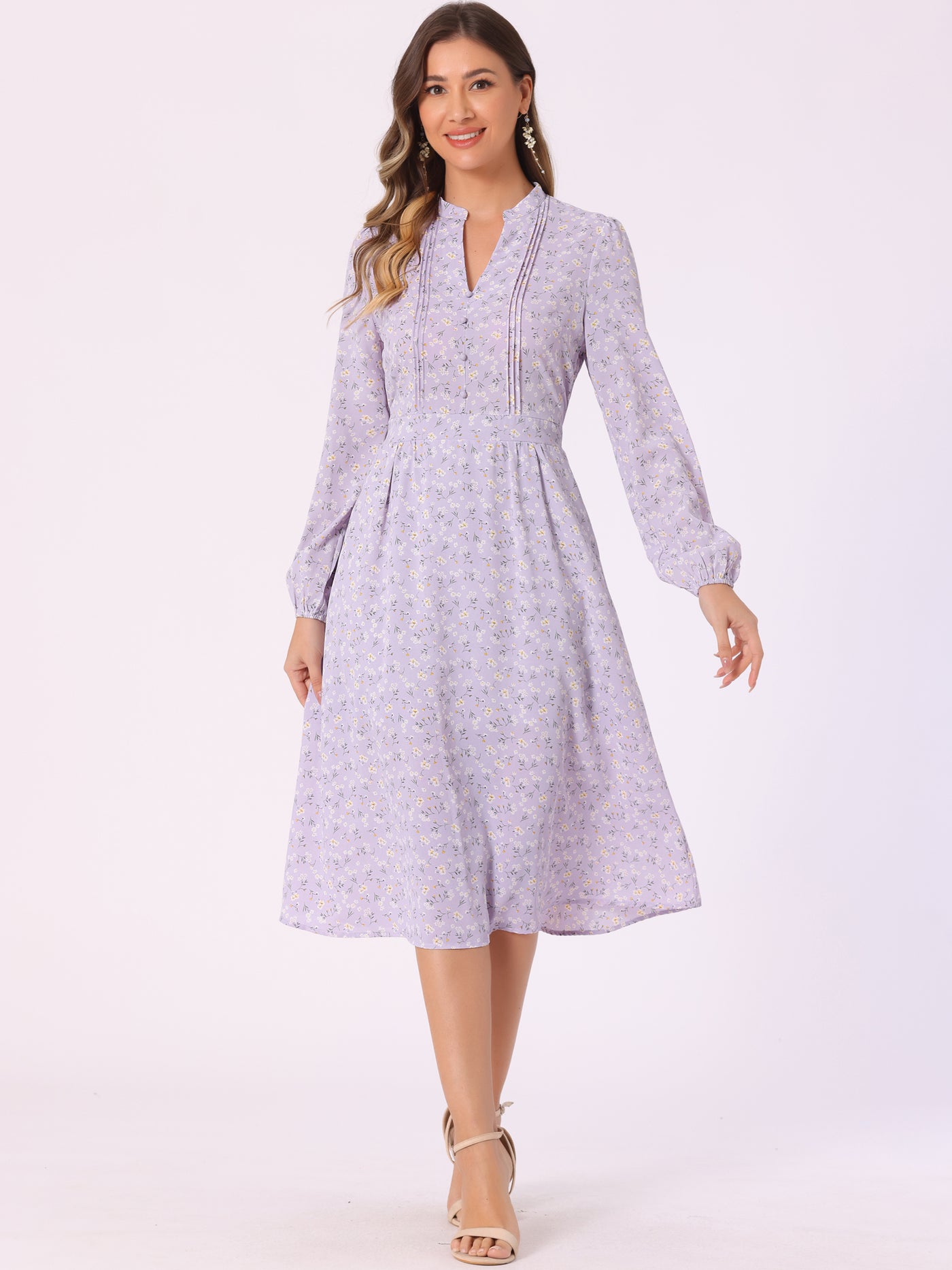 Allegra K Floral Print Long Sleeve Spring Flowy Midi Boho Dress