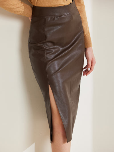 Vintage High Waist Side Slit PU Leather Pencil Midi Skirt