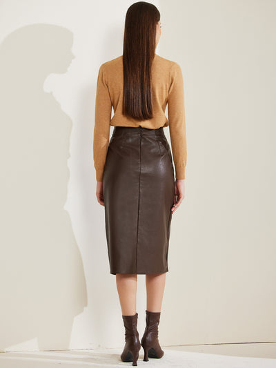 Vintage High Waist Side Slit PU Leather Pencil Midi Skirt