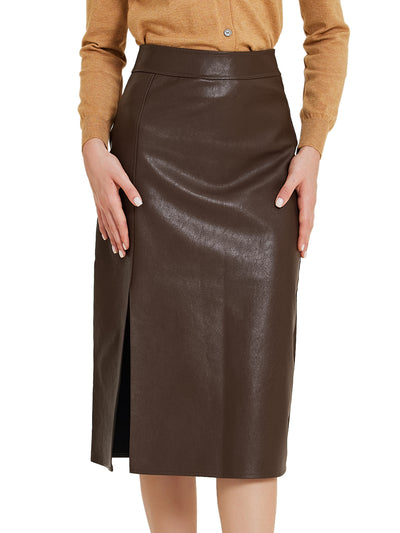 Vintage High Waist Side Slit PU Leather Pencil Midi Skirt