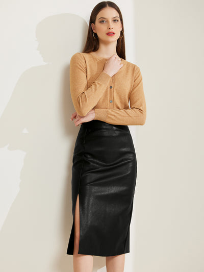 Vintage High Waist Side Slit PU Leather Pencil Midi Skirt