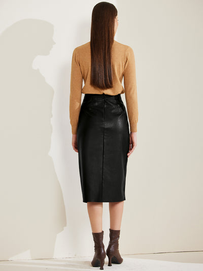 Vintage High Waist Side Slit PU Leather Pencil Midi Skirt