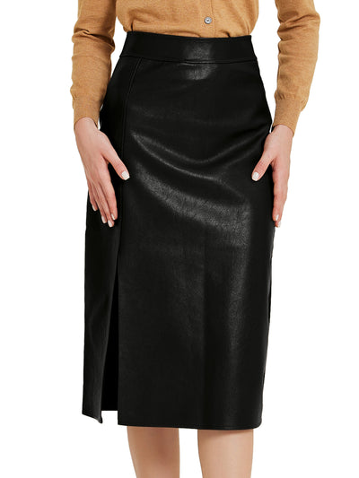 Vintage High Waist Side Slit PU Leather Pencil Midi Skirt