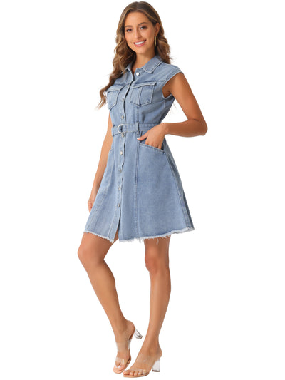 Denim Button Down Lapel Belted A-Line Pockets Mini Shirt Dress