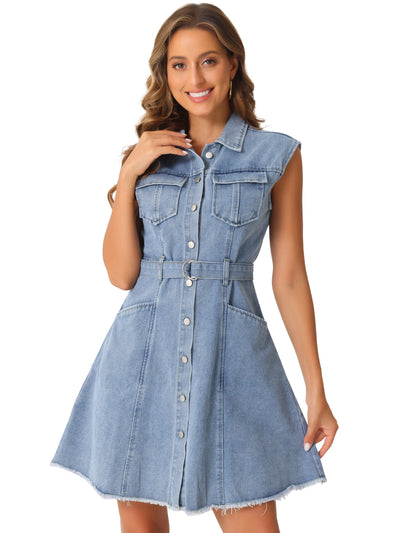 Denim Button Down Lapel Belted A-Line Pockets Mini Shirt Dress