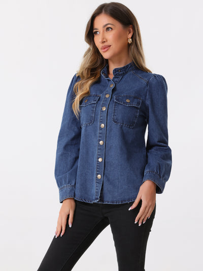 Denim Mock Neck Puff Long Sleeve Button Down Jean Shirt