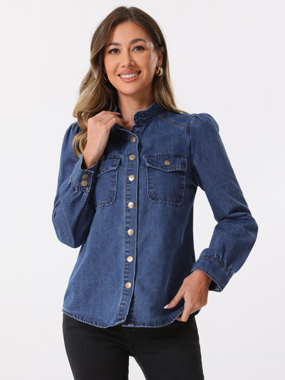 Allegra K Denim Mock Neck Puff Long Sleeve Button Down Jean Shirt