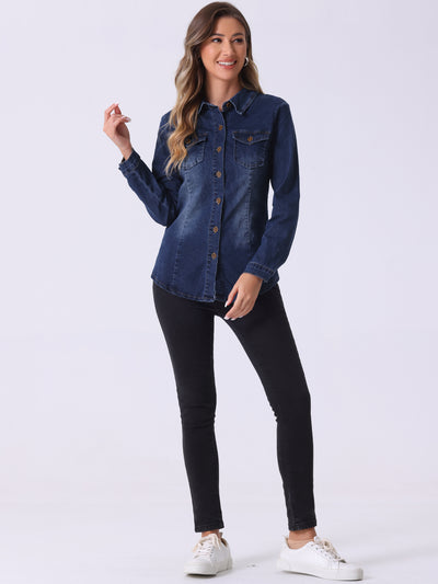 Denim Long Sleeve Button Down Pocket Trendy Jean Shirts