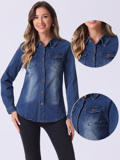 Denim Long Sleeve Button Down Pocket Trendy Jean Shirts