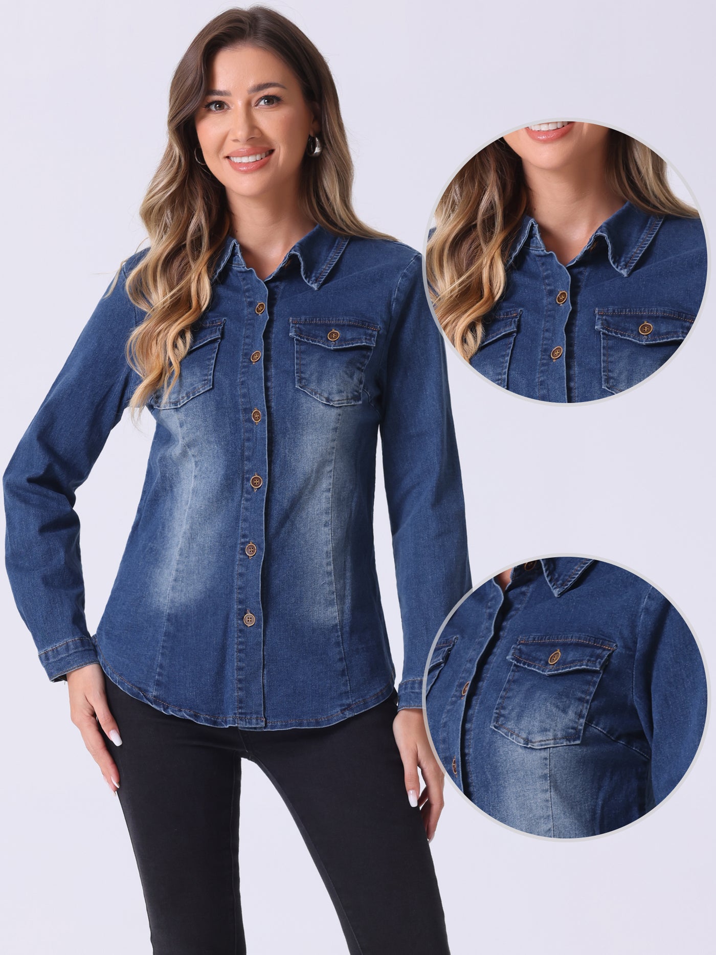 Allegra K Denim Long Sleeve Button Down Pocket Trendy Jean Shirts