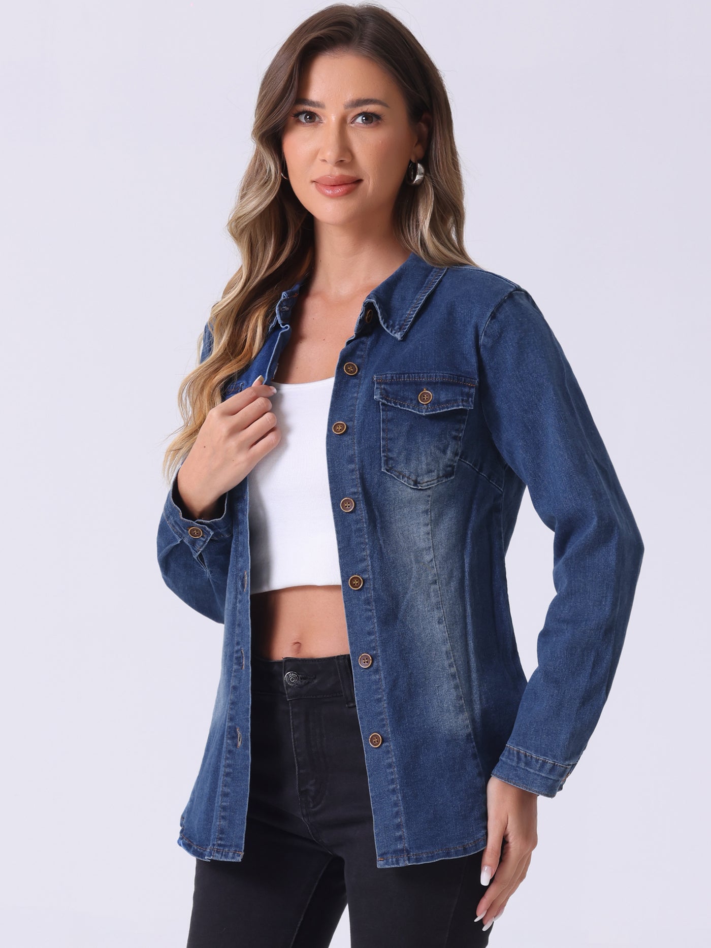 Allegra K Denim Long Sleeve Button Down Pocket Trendy Jean Shirts