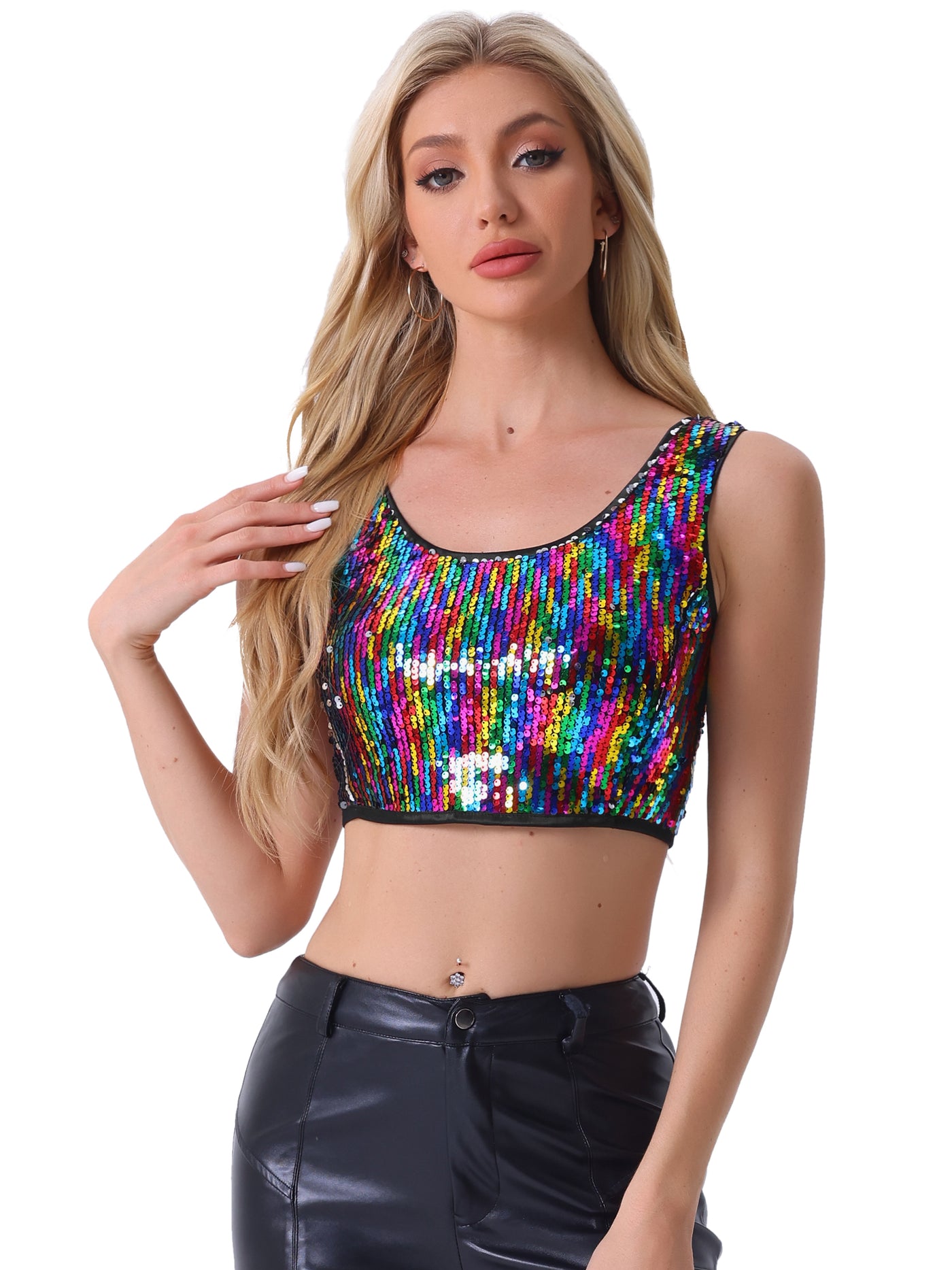 Allegra K Metallic Sequin Sparkle Glitter Sleeveless Party Tank Crop Top