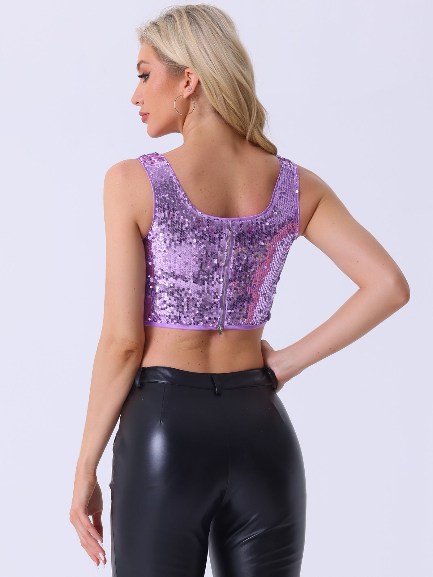 Allegra K Metallic Sequin Sparkle Glitter Sleeveless Party Tank Crop Top