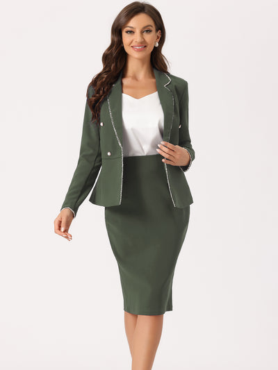 Business Suit 2 Pieces Tweed Trim Blazer Jacket and Skirt Set