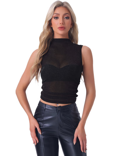 Glitter Mock Neck Ruched Sleeveless Mesh Sheer Blouse