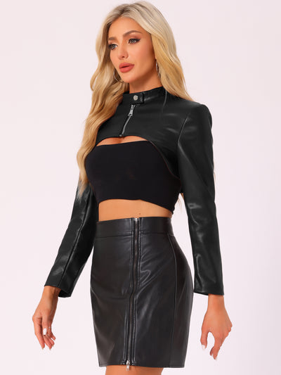 Faux Leather Stand Collar Moto Biker Cropped Jacket Shrugs