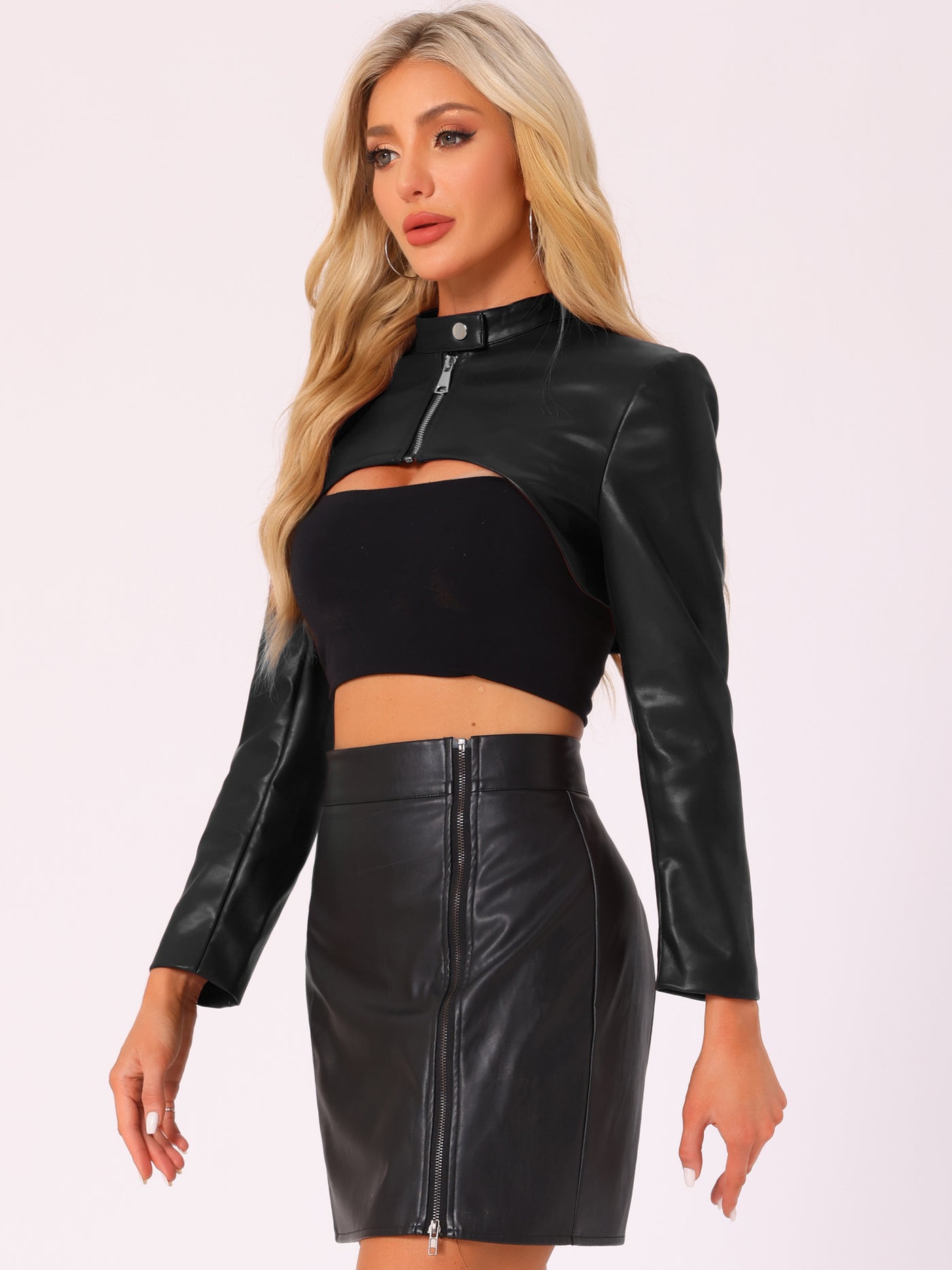 Allegra K Faux Leather Stand Collar Moto Biker Cropped Jacket Shrugs