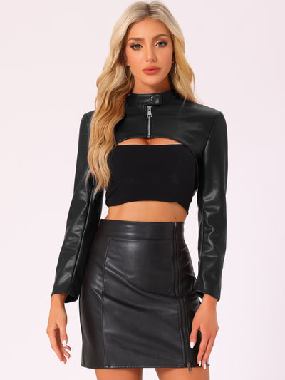 Allegra K Faux Leather Stand Collar Moto Biker Cropped Jacket Shrugs