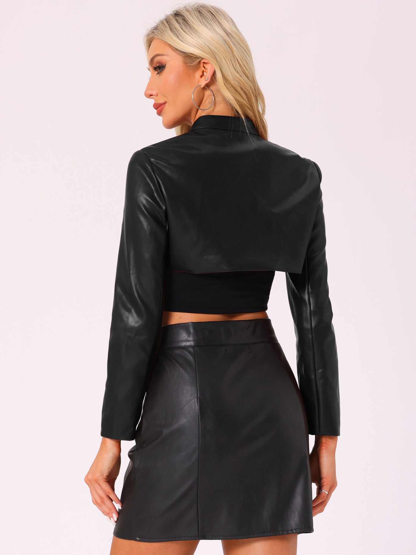 Allegra K Faux Leather Stand Collar Moto Biker Cropped Jacket Shrugs