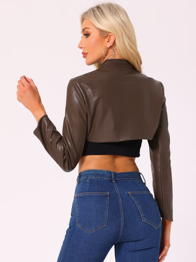 Faux Leather Stand Collar Moto Biker Cropped Jacket Shrugs