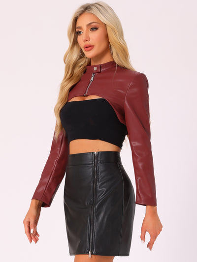 Faux Leather Stand Collar Moto Biker Cropped Jacket Shrugs