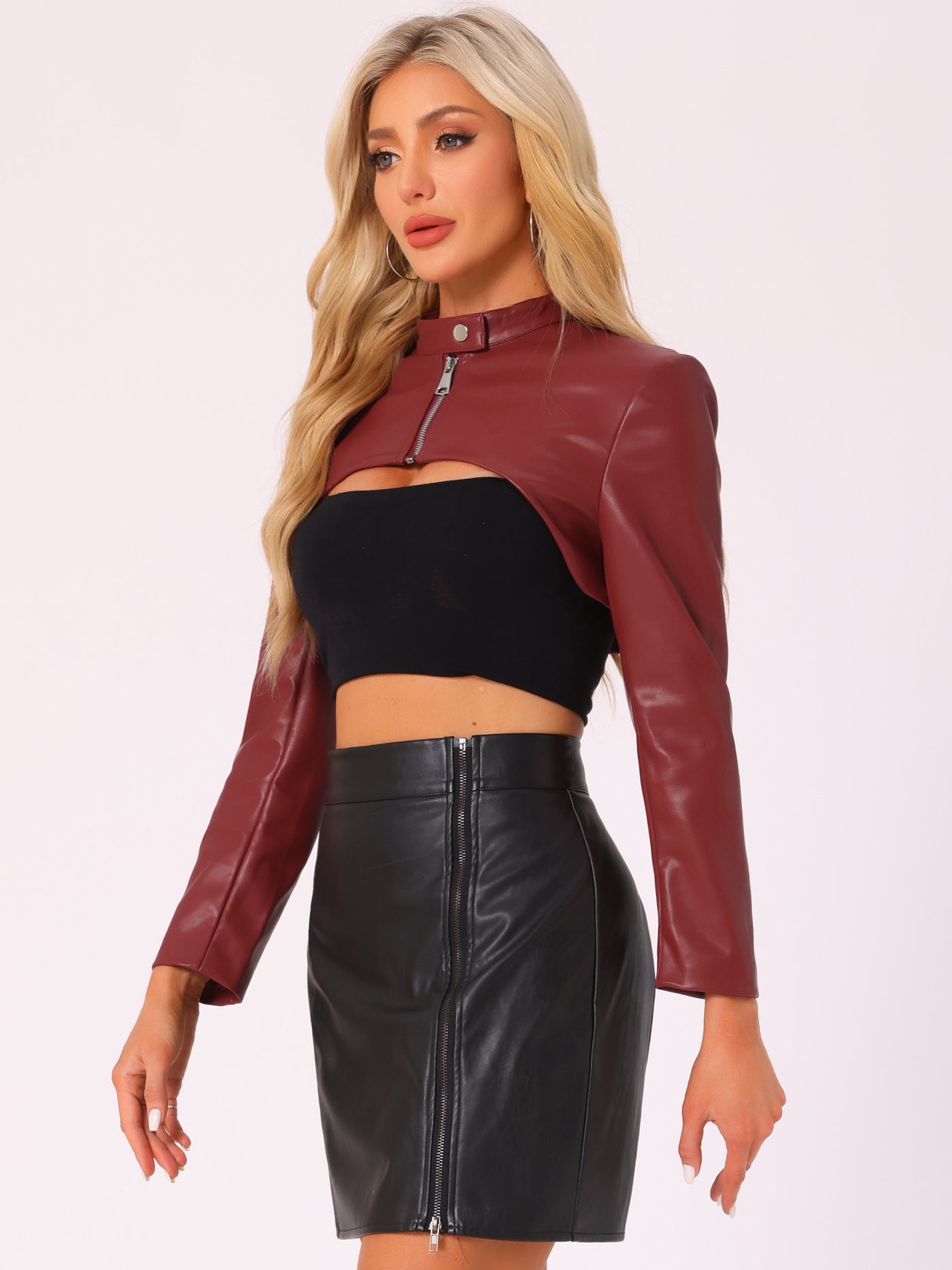 Allegra K Faux Leather Stand Collar Moto Biker Cropped Jacket Shrugs