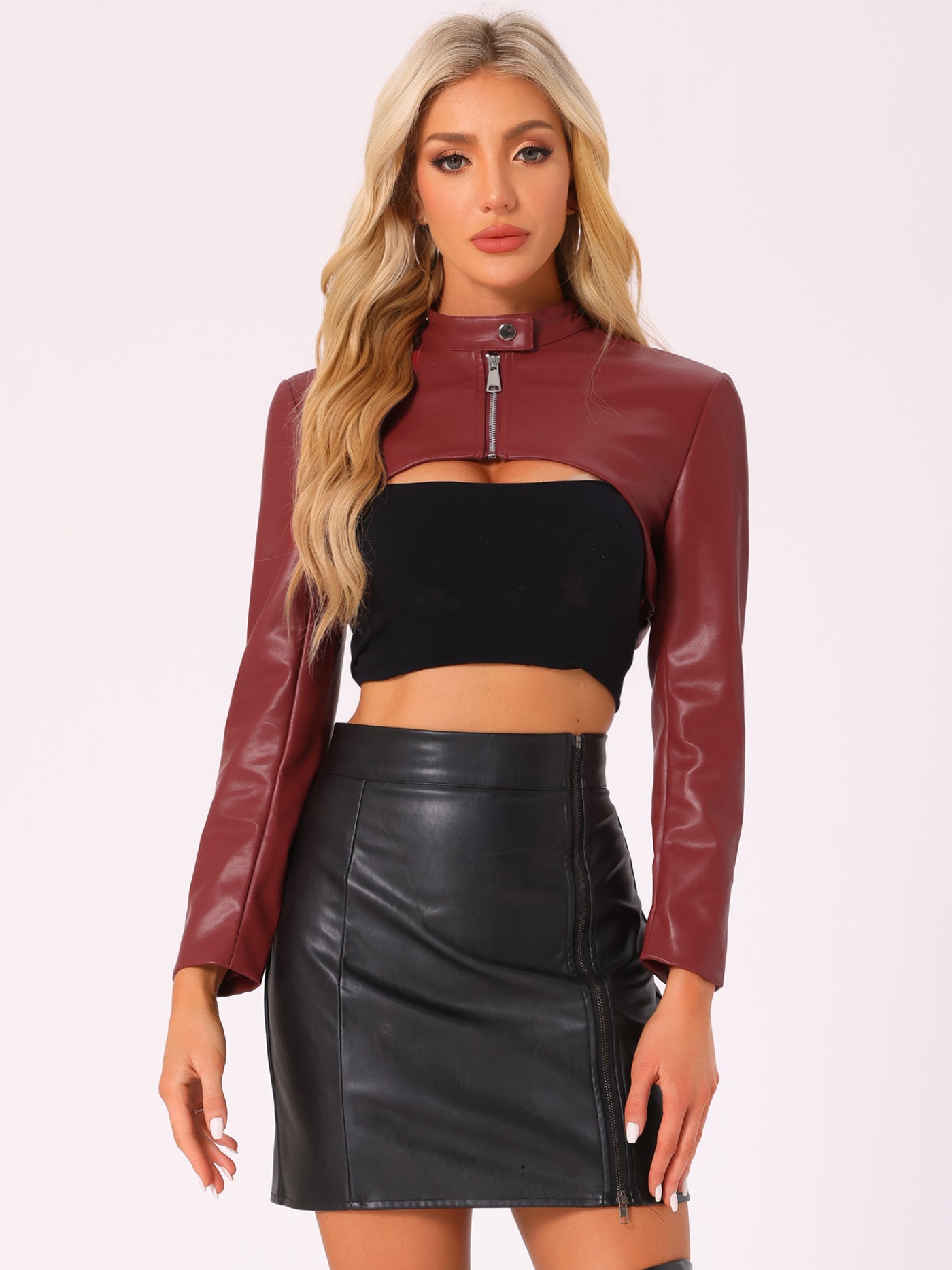 Allegra K Faux Leather Stand Collar Moto Biker Cropped Jacket Shrugs