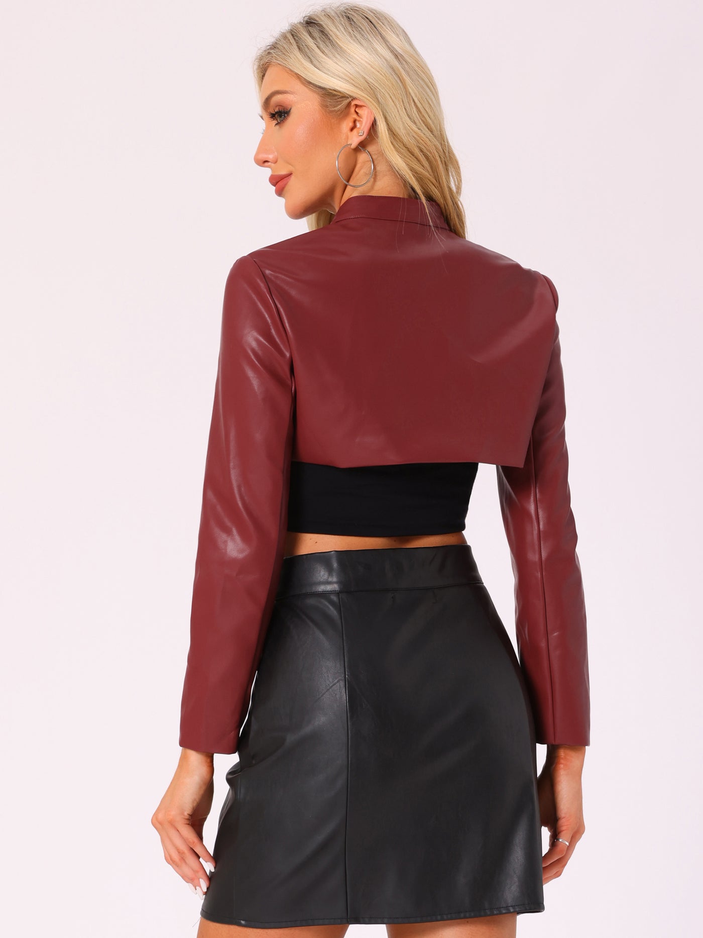 Allegra K Faux Leather Stand Collar Moto Biker Cropped Jacket Shrugs