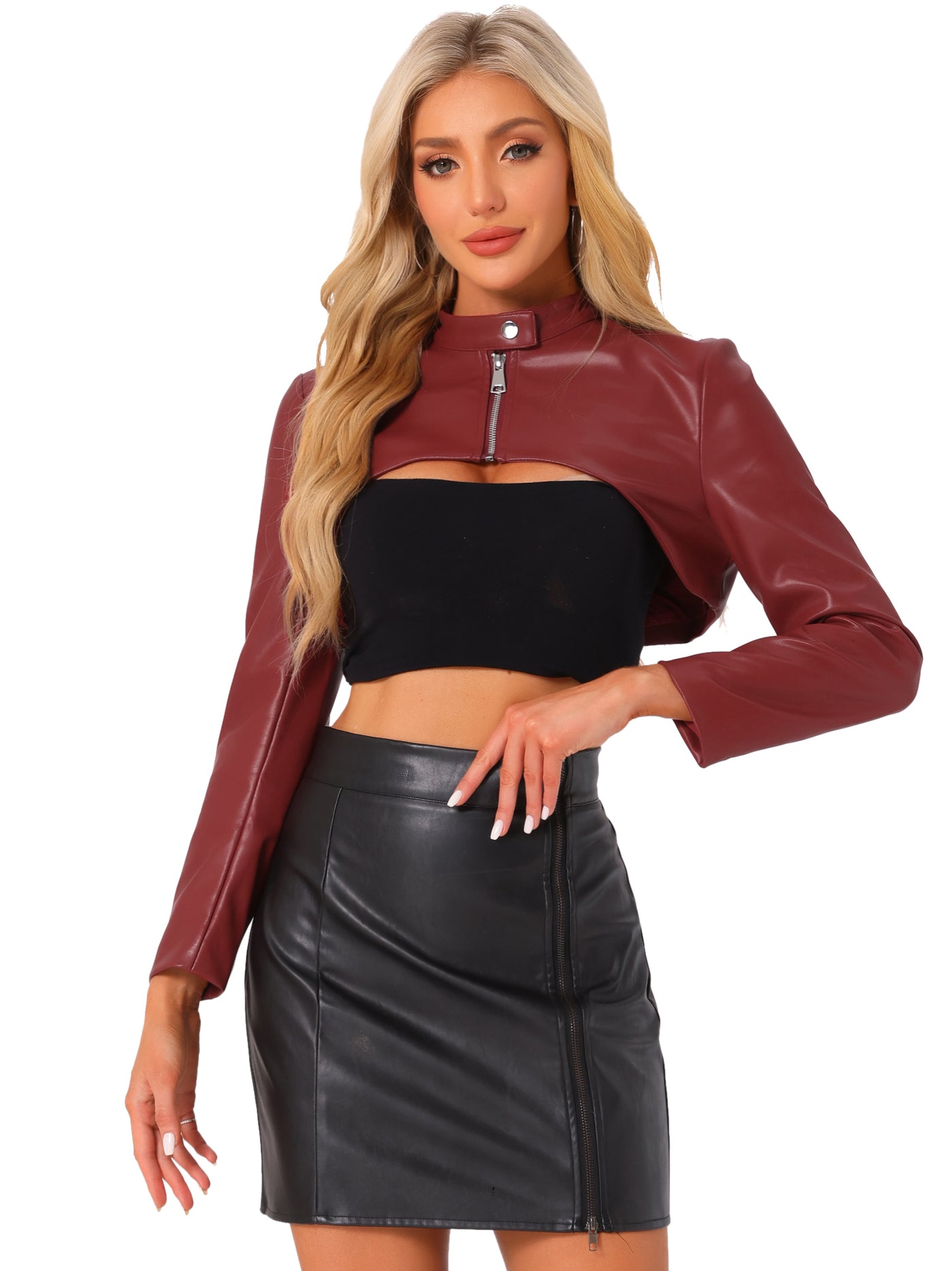 Allegra K Faux Leather Stand Collar Moto Biker Cropped Jacket Shrugs