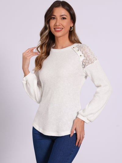 Lace-Trimmed Button Decor Long Sleeve Knit Sweater