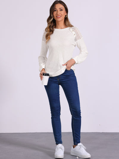 Lace-Trimmed Button Decor Long Sleeve Knit Sweater