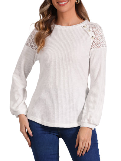 Lace-Trimmed Button Decor Long Sleeve Knit Sweater