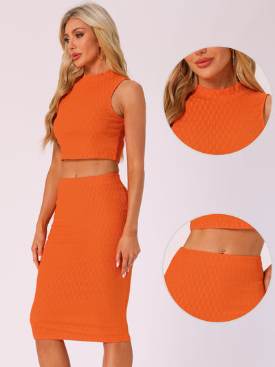 2 Pieces Mock Neck Textured Cropped Tank Top & Midi Pencil Skirt Set