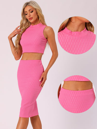 2 Pieces Mock Neck Textured Cropped Tank Top & Midi Pencil Skirt Set