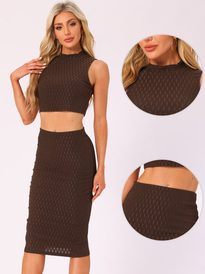 2 Pieces Mock Neck Textured Cropped Tank Top & Midi Pencil Skirt Set