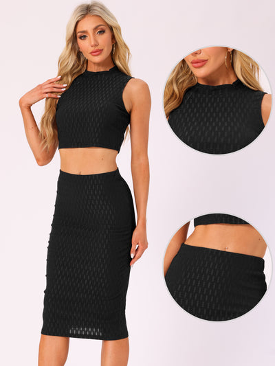 2 Pieces Mock Neck Textured Cropped Tank Top & Midi Pencil Skirt Set