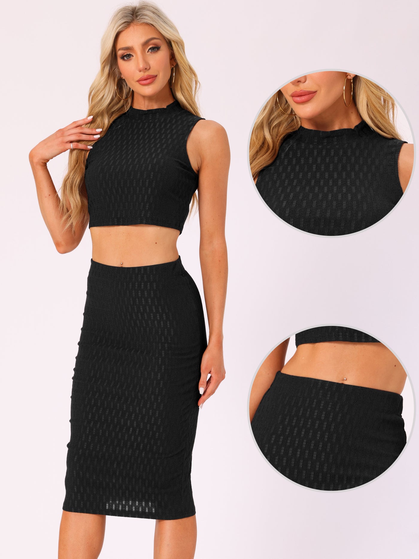 Allegra K 2 Pieces Mock Neck Textured Cropped Tank Top & Midi Pencil Skirt Set