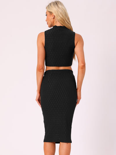 2 Pieces Mock Neck Textured Cropped Tank Top & Midi Pencil Skirt Set