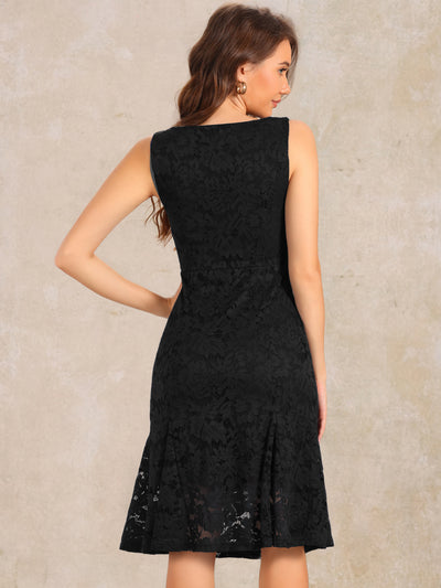 Lace Boat Neck Sleeveless Midi Cocktail Dress