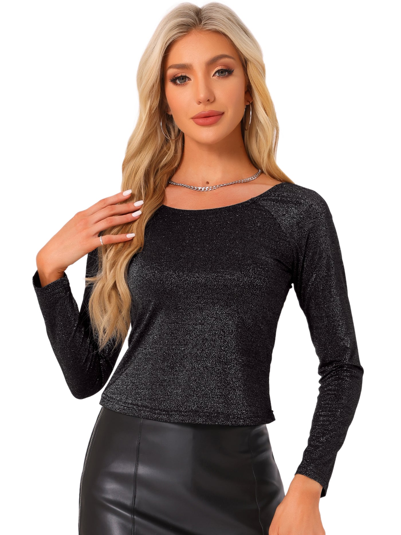 Allegra K Long Sleeves Pullover Glitter Cropped Blouse