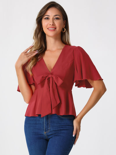 Ruffle Sleeve Bow Tie Decor Deep V Neck Sexy Peplum Blouse Top